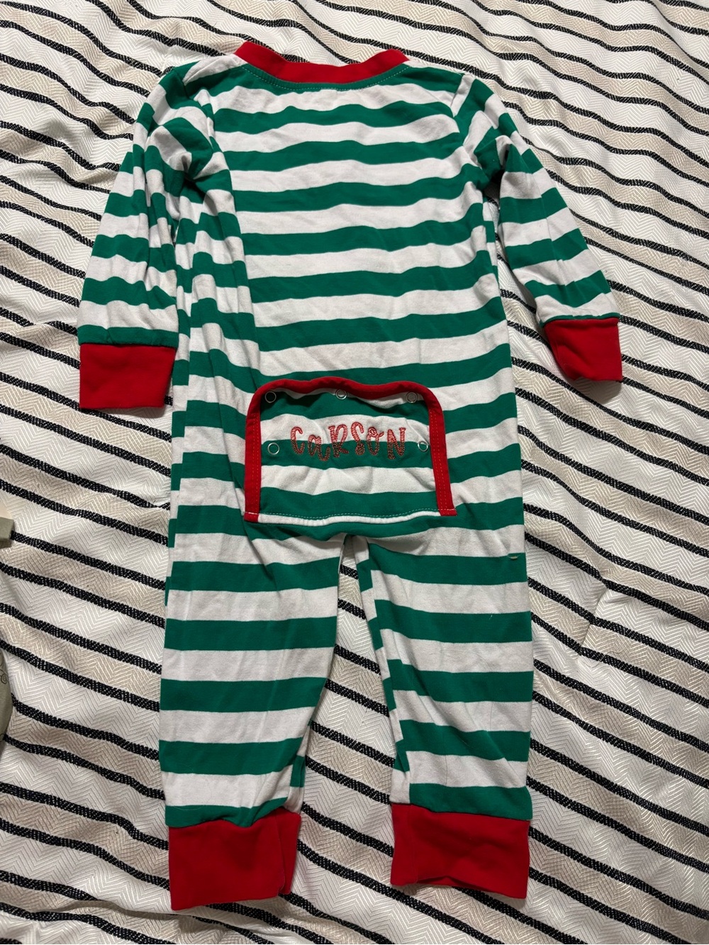 Green and White Striped Kids Holiday “Carson” Footless Pajamas with Red Trim